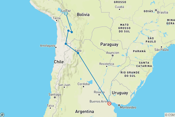 Carte du circuit La Bolivie et l'Argentine réelles