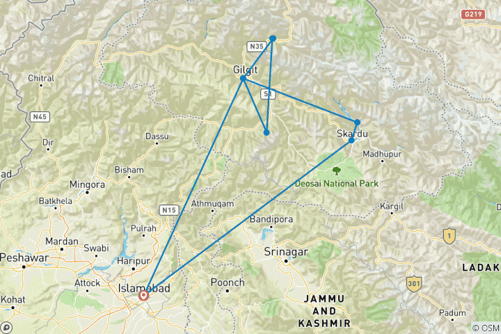 Map of Explore Northern Pakistan - Hunza, Skardu, and Nanga Parbat Base Camp