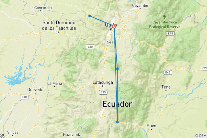 Map of 10 Days Family Itinerary: Quito, Mindo, Otavalo, Cotopaxi, Baños, Quilotoa