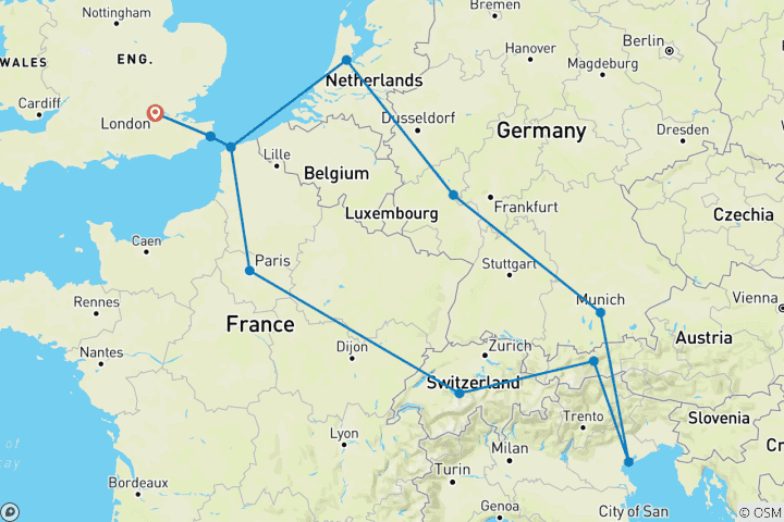 Map of European Horizon (Standard, Summer, Start London, Classic, 10 Days)