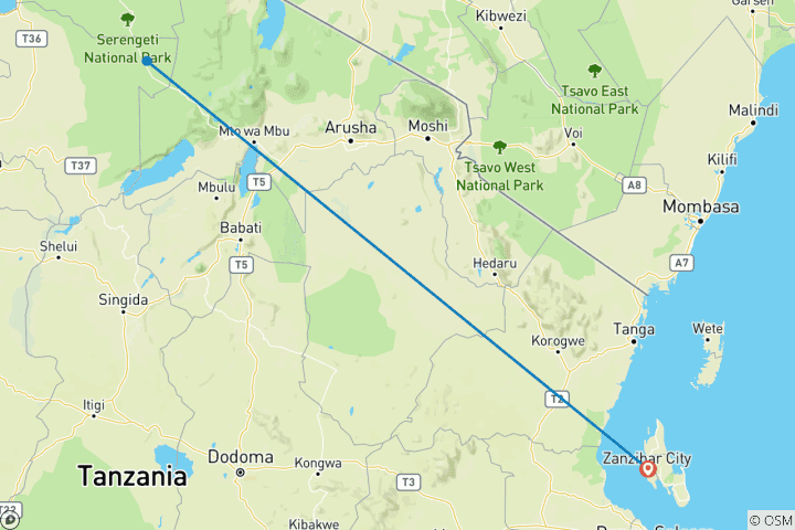 Mapa de Safari de 3 días en avión desde Zanzíbar al Serengeti