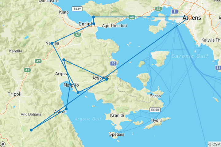 Carte du circuit Excursion guidée en E-Bike dans le Péloponnèse oriental : Astros, Nauplie, Mycènes, Epidaure, Tolo, Némée, Loutraki