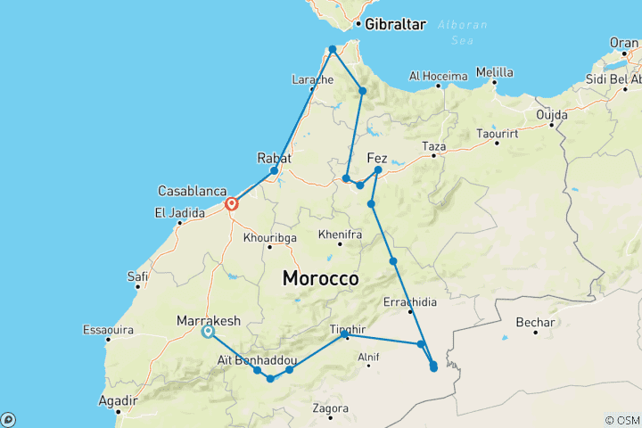 Kaart van 12 Daagse Ultieme Marokko Rondreis vanuit Marrakech