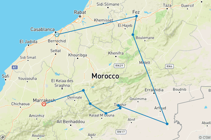 Map of 9 Days Morocco Desert & Mountains Discovery Tour From Casablanca