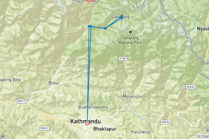 Karte von Langtang Tal Trek 6 Tage