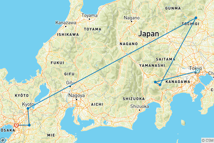 Kaart van 11 Daagse Hoogtepunten van Japan Rondreis Arrangement