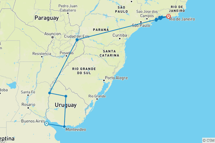 Map of Buenos Aires to Rio Explorer (15 destinations)