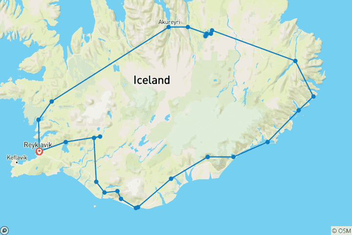 Map of 8 Days Guided Iceland Circle & Northern Lights