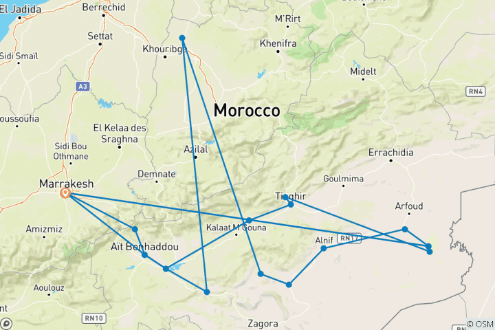Map of 5 Day Morocco Sahara Desert Round Trip from Marrakesh to Erg Chebbi
