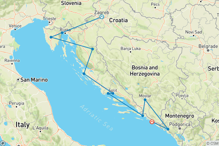 Carte du circuit Croatie, Mostar et Monténégro - 11 jours