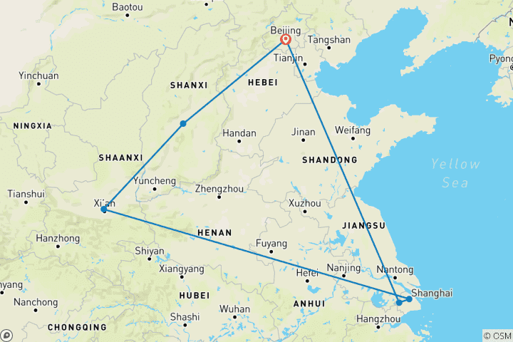 Map of Beijing, Xi'an & Shanghai - 10 days