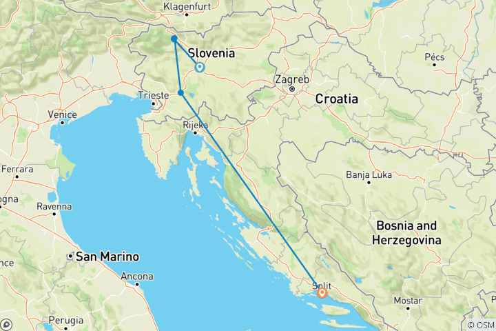 Mapa de De Liubliana a Split - 4 días