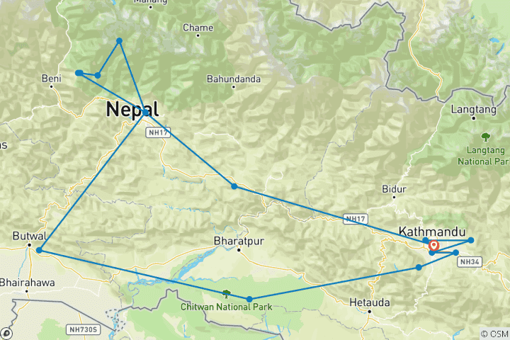 Map of Essential Nepal Adventure - 13 days