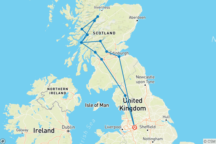 Mapa de De Manchester a las Tierras Altas de Escocia - 4 días