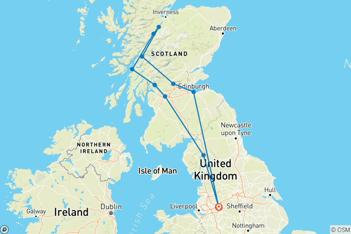 Map of Manchester to the Scottish Highlands (Hotel) - 4 days