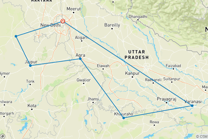 Karte von Nordindien mit Taj Mahal & heiligem Ganges