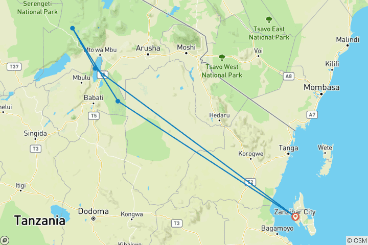 Map of 3-Day Tarangire Ngorongoro, Manyara Safari from Zanzibar