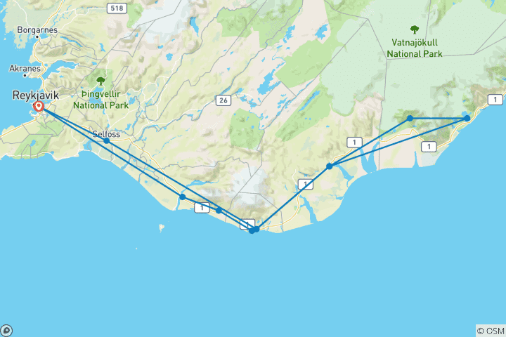 Map of Iceland 2-Day Adventure: Ice Cave, Glacier Lagoon & Northern Lights with 4-Star Hotel Stay