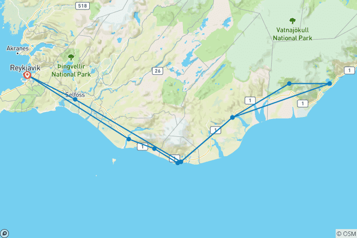 Kaart van 2-Daagse Zuidkust, Blauwe ijsgrot, gletsjer Lagune Tour