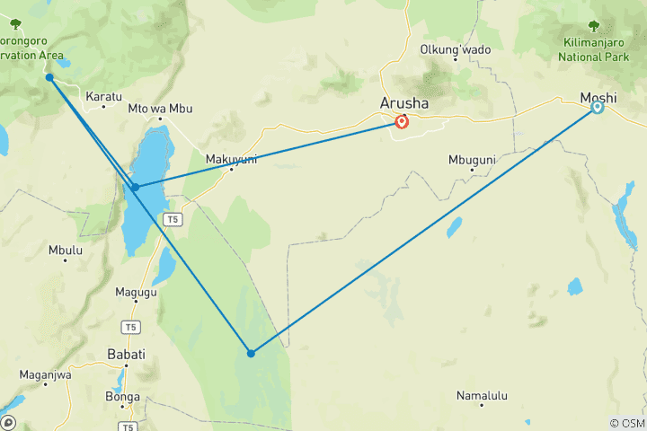 Map of 3 Day Tarangire, Ngorongoro, Manyara Safari from Moshi