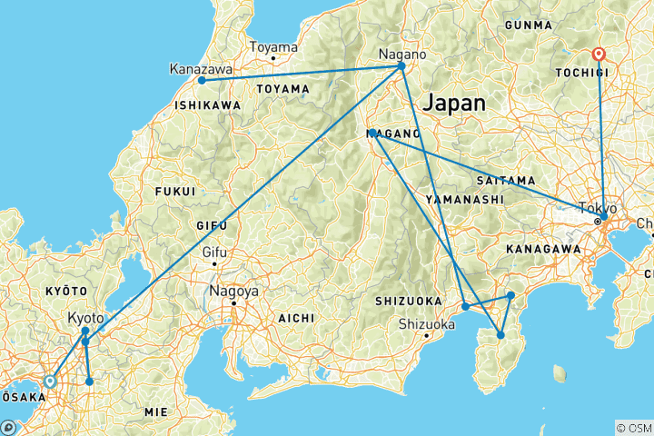 Map of Japan's golden route (incl. flight)