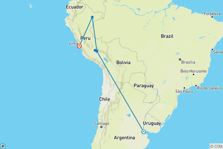 Map of Peru & Amazon Experience 2026 - 14 Days