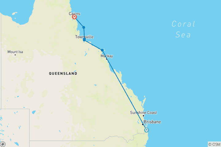 Map of Tropical Queensland (With Internal Air, Start Gold Coast To Cairns, 10 Days)