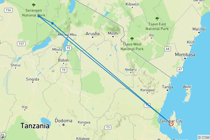 Karte von 3 TageSansibar nach Arusha, Straßentransfer in die Serengeti