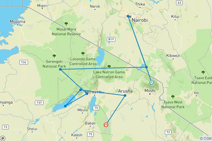 Carte du circuit Safari africain : Kenya et Tanzanie (de Nairobi au parc national de Tarangire) (2025)