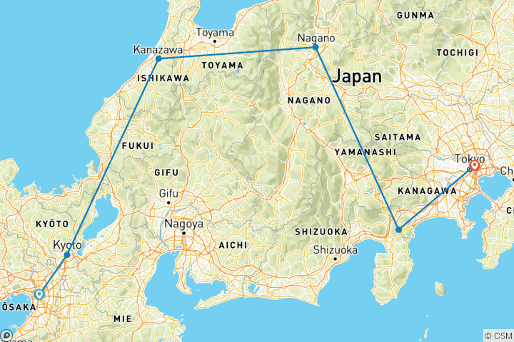 Map of Japan's golden route (incl. flight)