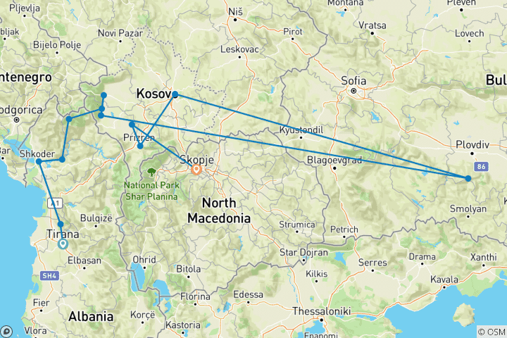 Carte du circuit L'Albanie du Nord, le Kosovo et la Macédoine du Nord sauvages