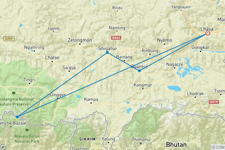 Carte du circuit 7 jours Lhassa Shigatse Everest Base Camp Sakya Private Tour