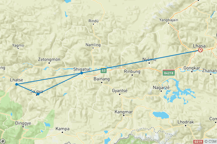 Mapa de 7 Días Lhasa Shigatse Campamento Base del Everest Sakya Circuito Privado