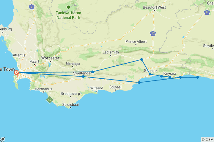 Carte du circuit Route des jardins Afrique du Sud - 6 jours d'exploration privée