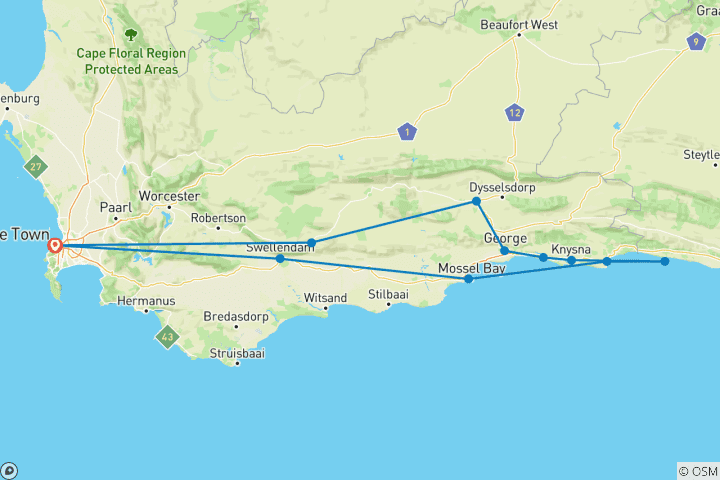Map of Garden Route South Africa – 6-Day Private Explore: Oudtshoorn, Tsitsikamma, Knysna, Whales & Adventure