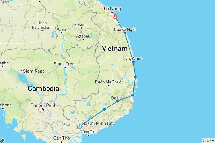 Map of Ultimate Saigon to Hoi An Cycling Adventure