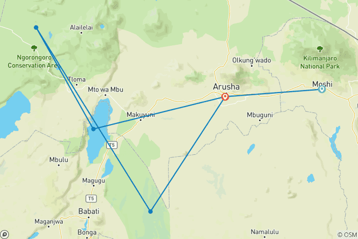 Mapa de 4 días Tarangire, Cráter del Ngorongoro y Parque del Lago Manyara