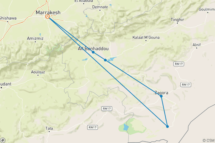 Kaart van 4 Dagen / 3 Nachten woestijntrekking vanuit Marrakech