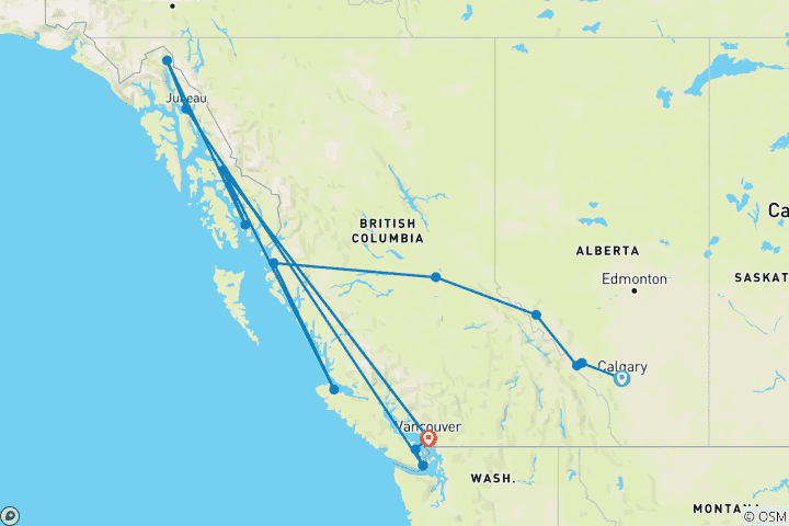 Carte du circuit Ouest canadien avec Inside Passage et Calgary Stampede avec croisière en Alaska