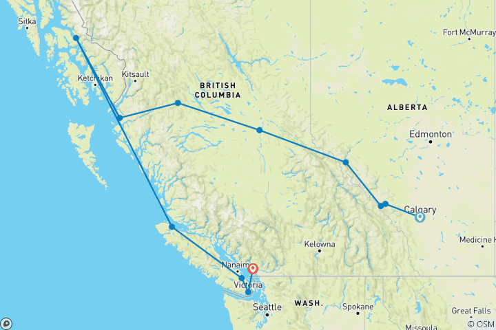 Carte du circuit L'ouest du Canada avec le Passage intérieur (from Calgary to Vancouver)