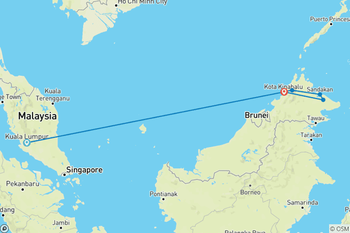 Carte du circuit 14 jours à Kuala Lumpur et aventure dans la forêt tropicale de Bornéo