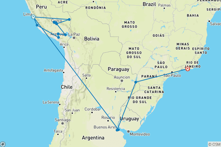 Map of Ultimate Peru, Argentina & Brazil (including Aguas Calientes)