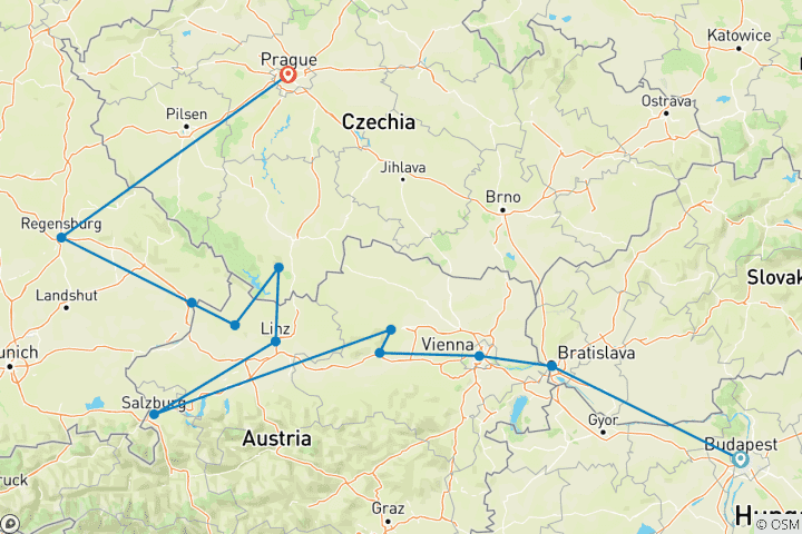 Map of Danube Dreams with 2 Nights in Prague (Westbound)