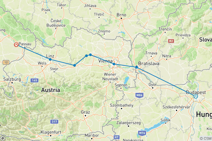 Map of Danube Symphony with 1 Night in Budapest (Westbound) 2026