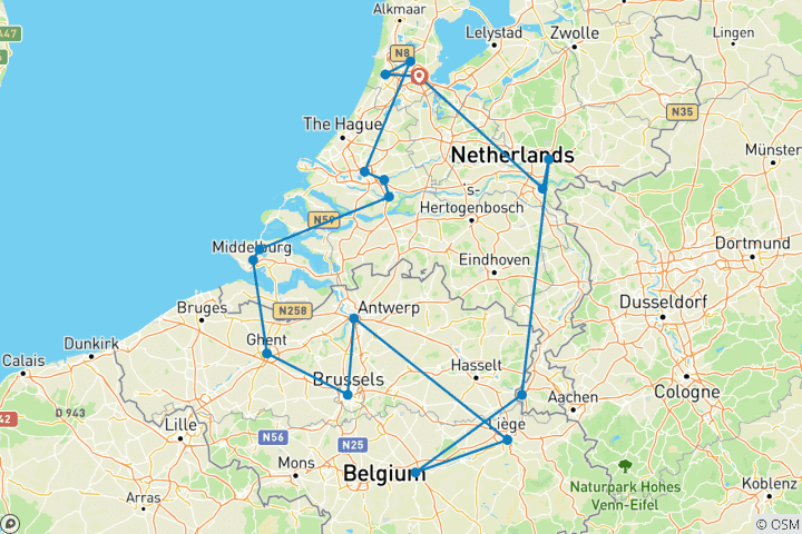 Carte du circuit Grande croisière en Hollande et en Belgique avec 1 nuit à Amsterdam