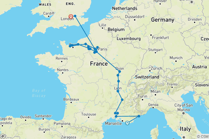 Map of A Culinary Experience in Grand France with 2 Nights in French Riviera & 3 Nights in London (Northbound) 2026