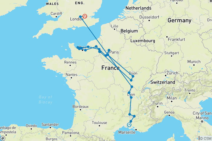 Carte du circuit Grand France avec 3 nuits à Londres pour les amateurs de vin (vers le nord)