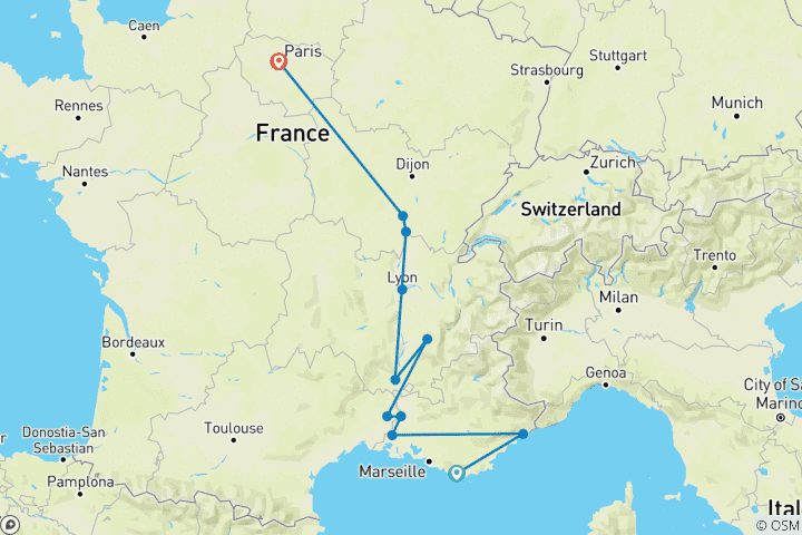 Map of A Culinary Experience in Burgundy & Provence with 2 Nights in French Riviera & 2 Nights in Paris (Northbound) 2026