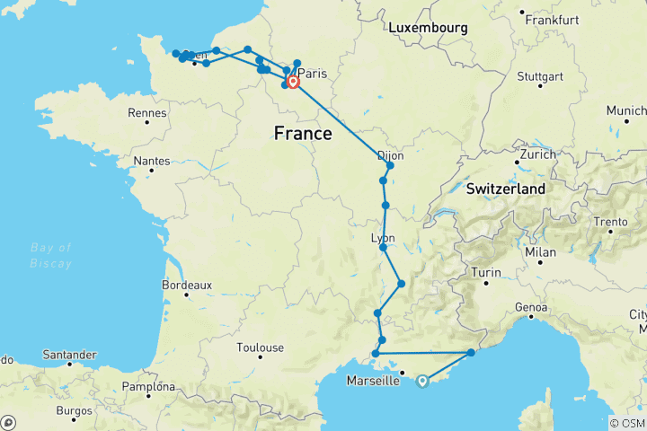 Carte du circuit Grand France avec 2 nuits sur la Côte d'Azur (vers le nord) 2026