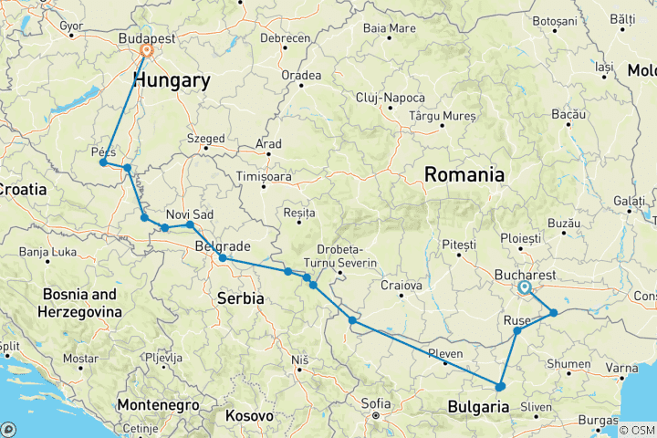 Karte von Die Donau von Rumänien nach Budapest mit 1 Nacht in Bukarest und 1 Nacht in Budapest 2026